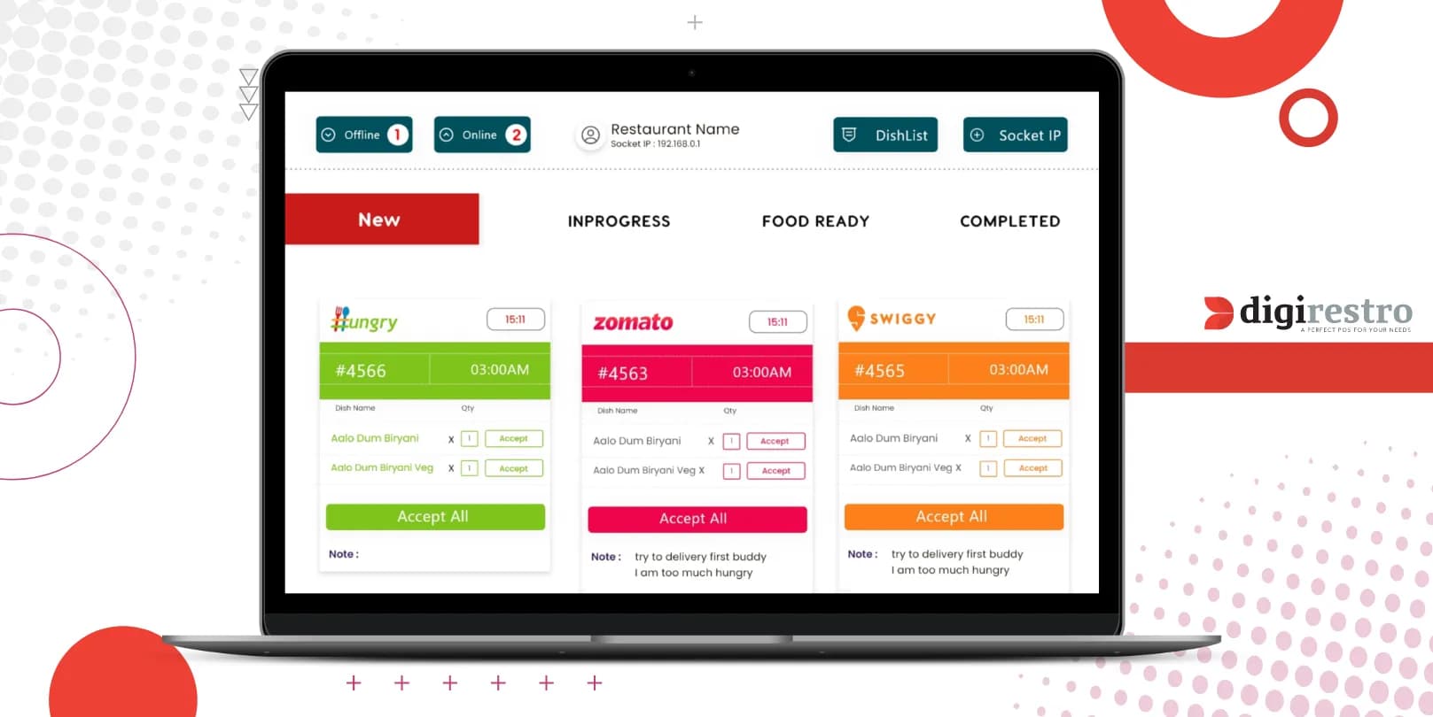 DigiRestro Kitchen Display System with color-coded orders