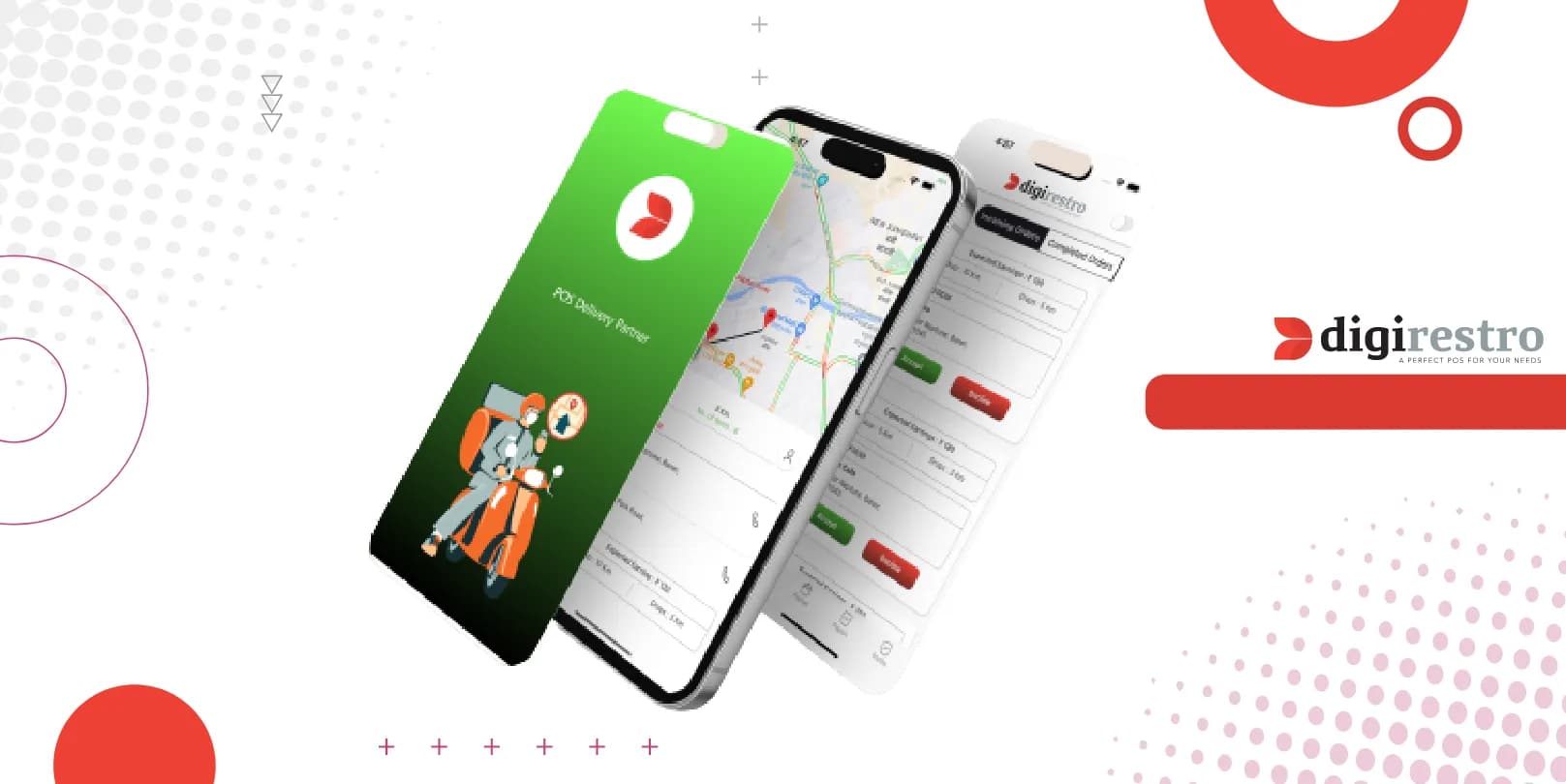 DigiRestro Rider App showing delivery route and order status