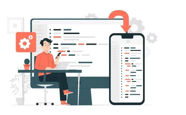 Illustration of a developer building a mobile app—technology that supports consistent restaurant operations.