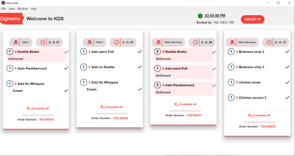 Digirestro KDS screen showing live kitchen orders by table and fulfilment status.