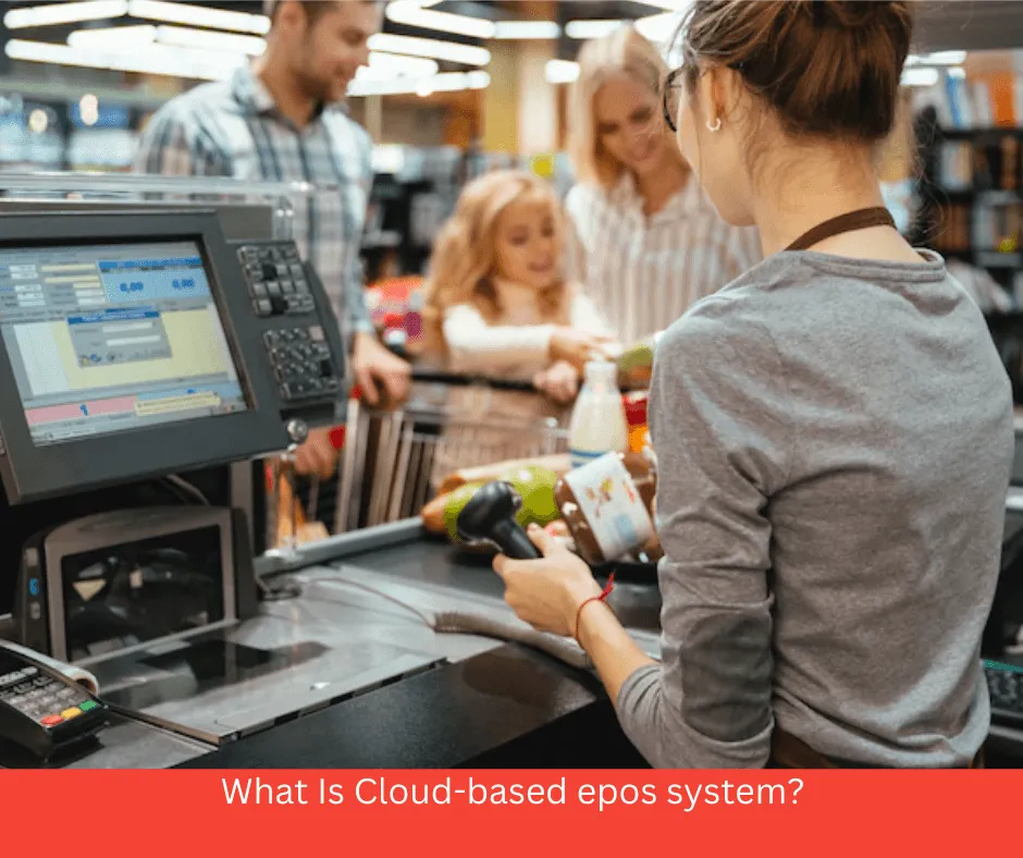 Modern supermarket checkout with digital POS—cloud EPOS at the point of sale.
